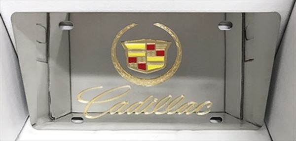 Cadillac gold script and emblem vanity license plate