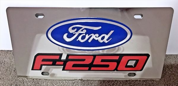 Ford F-250 stainless steel license plate red